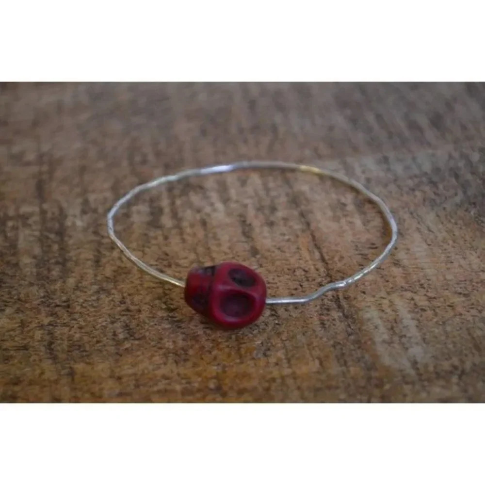 Vintage Red Skull  Bead on Sterling Silver Bangle